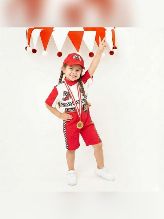 Kids Race Car Costume - Red White Short Racing Jumpsuit