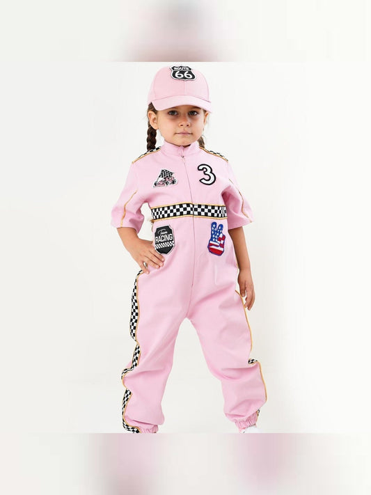 Kids Race Car Costume - Pink Short Sleeve Racing Jumpsuit