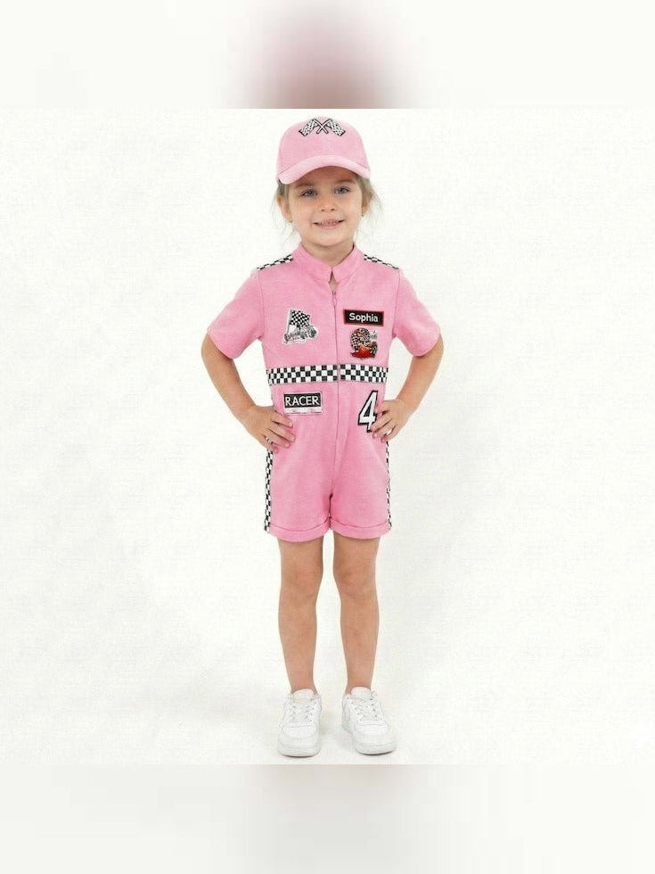 Kids Race Car Costume - Pink Short Racing Jumpsuit