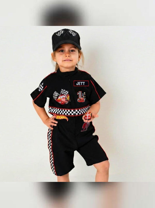 Kids Race Car Costume - Black Short Racing Jumpsuit