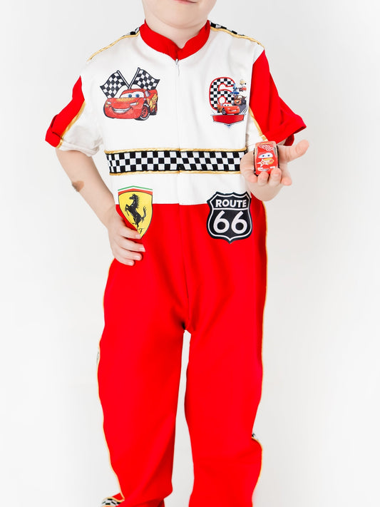 Kids Race Car Costume - Red - White Short Sleeve Racing Jumpsuit