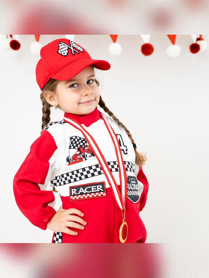 Kids Race Car Costume - Red - White Long Sleeve Racing Jumpsuit