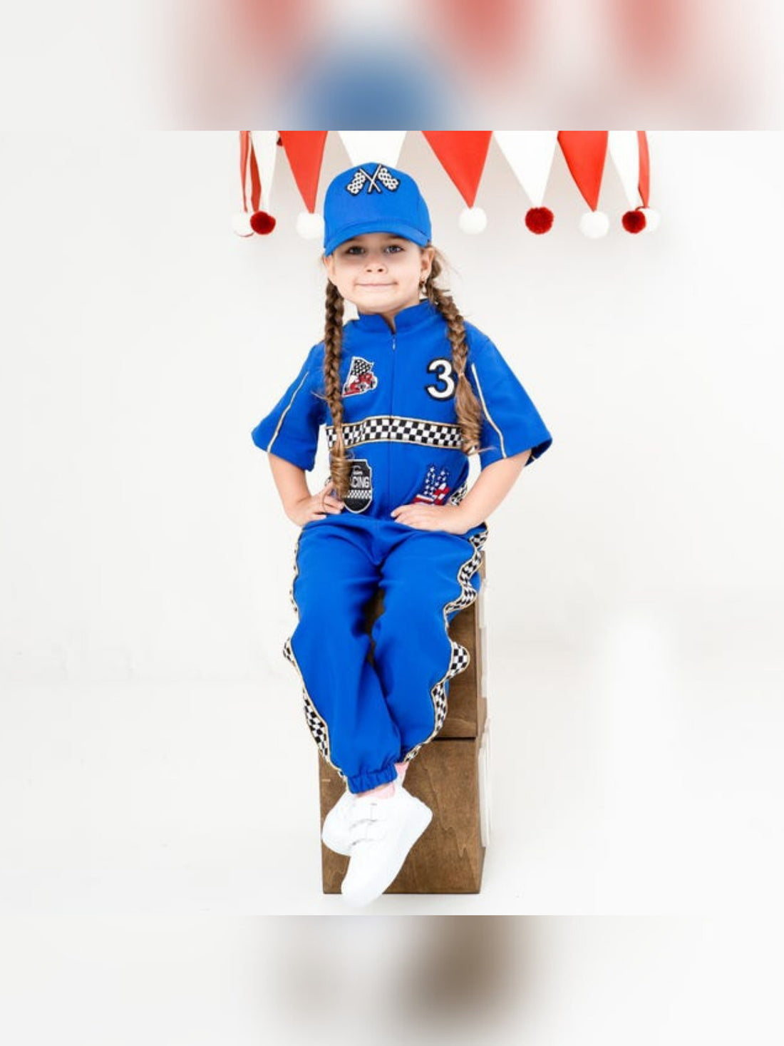 Kids Race Car Costume - Dark Blue Short Sleeve Racing Jumpsuit