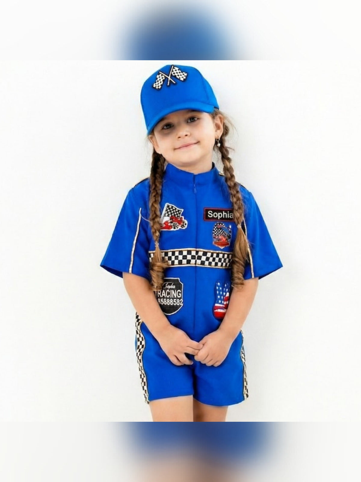 Kids Race Car Costume - Dark Blue Short Racing Jumpsuit