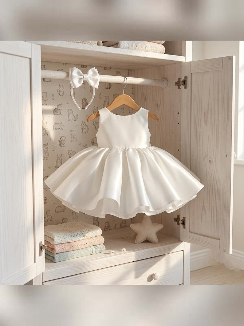 White Satin Mini Girl Dress - Mikado