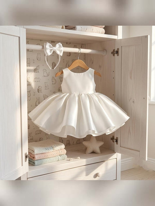 White Satin Mini Girl Dress - Mikado