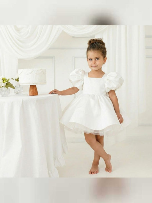 White Satin Ballonn Girl Dress - Mikado