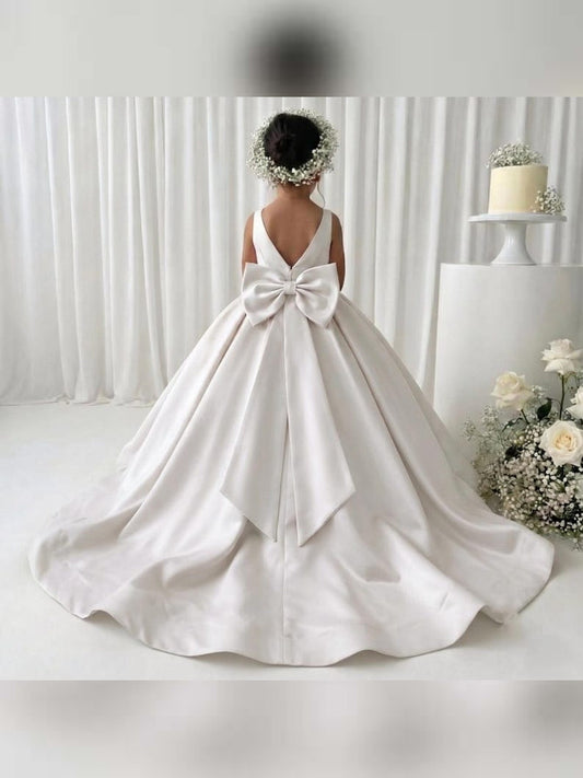 White long flower girl satin dress with tail