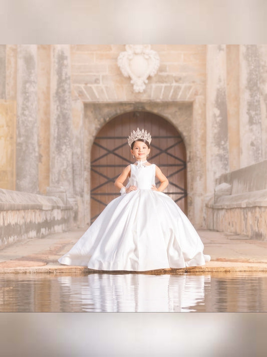 Ivory flower girl satin dress with tail