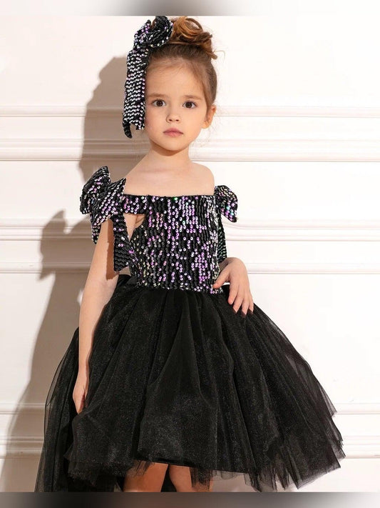 Luna black sequin girl dress high low