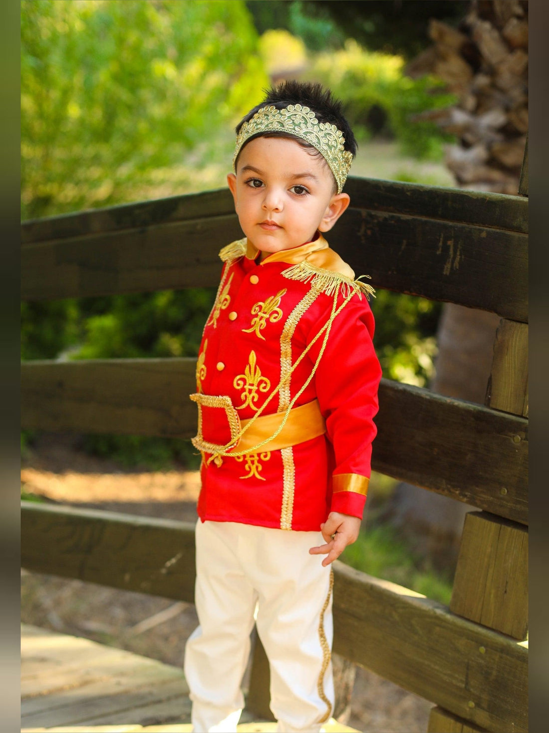 Prince Charming red costume for boys, featuring a striking red jacket with gold accents and matching pants. Perfect for costume parties or themed events, this outfit embodies the classic fairytale prince look