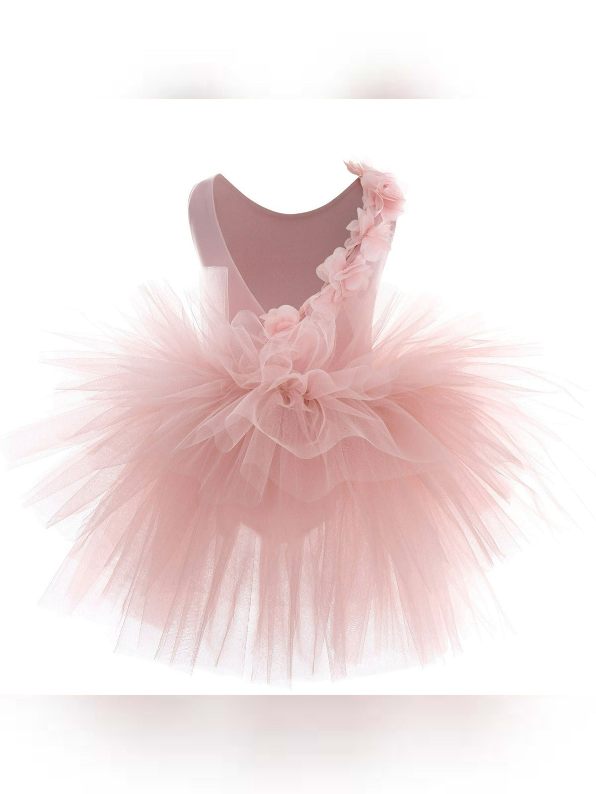 Charming blush tutu for ballerinas featuring soft tulle and pretty flower embellishments.