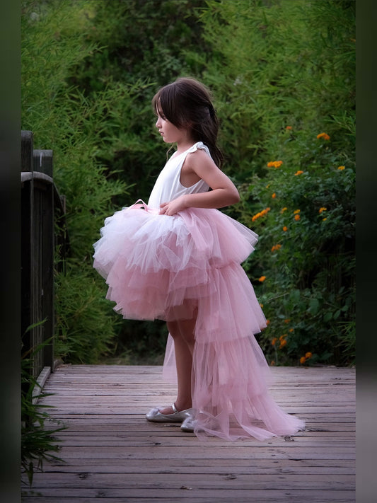 a little girl in a pink dress standing on a bridge