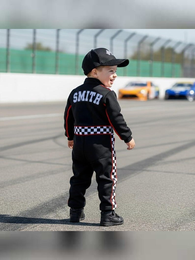 Kids Race Car Costume - Black Long Sleeve Racing Jumpsuit