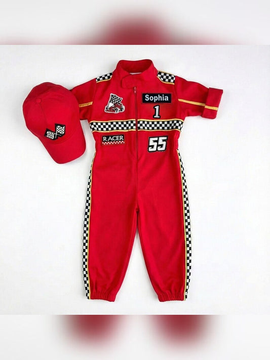 Kids Race Car Costume - Red Short Sleeve Racing Jumpsuit