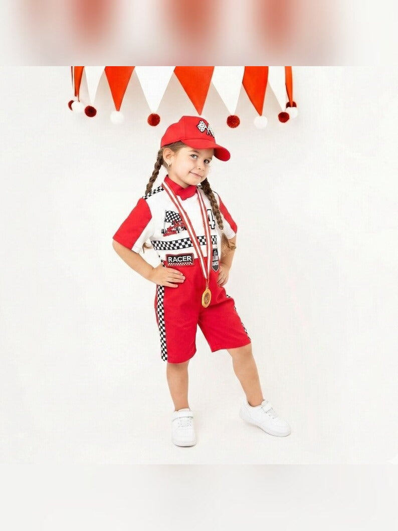 Kids Race Car Costume - Red White Short Racing Jumpsuit