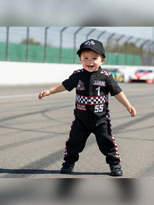 Kids Race Car Costume - Black Short Sleeve Racing Jumpsuit