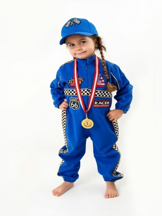 Kids Race Car Costume - Dark Blue Long Sleeve Racing Jumpsuit