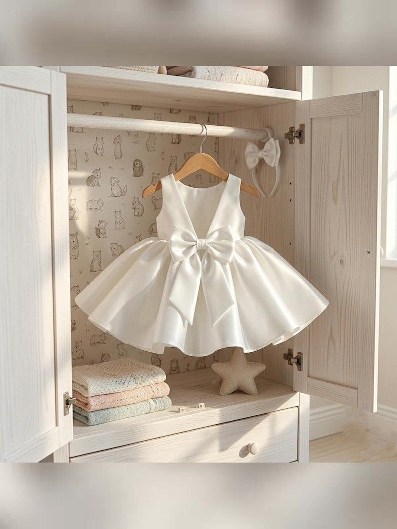 White Satin Mini Girl Dress - Mikado