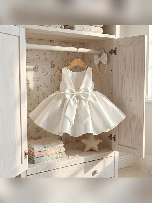 White Satin Mini Girl Dress - Mikado