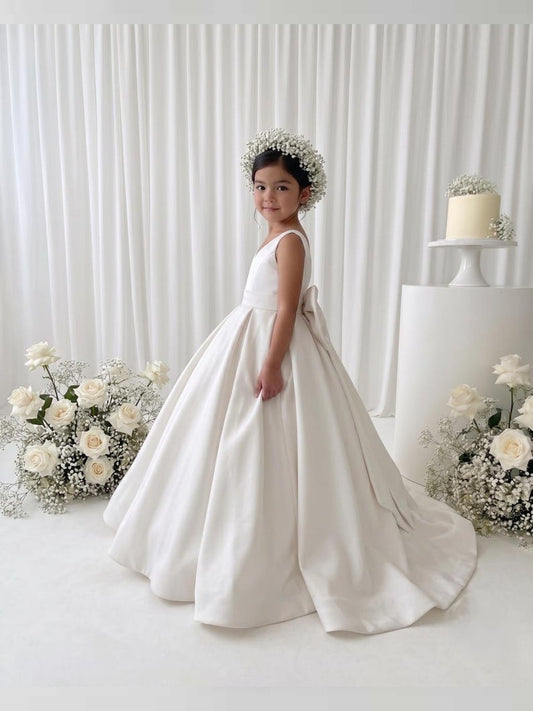 White long flower girl satin dress with tail