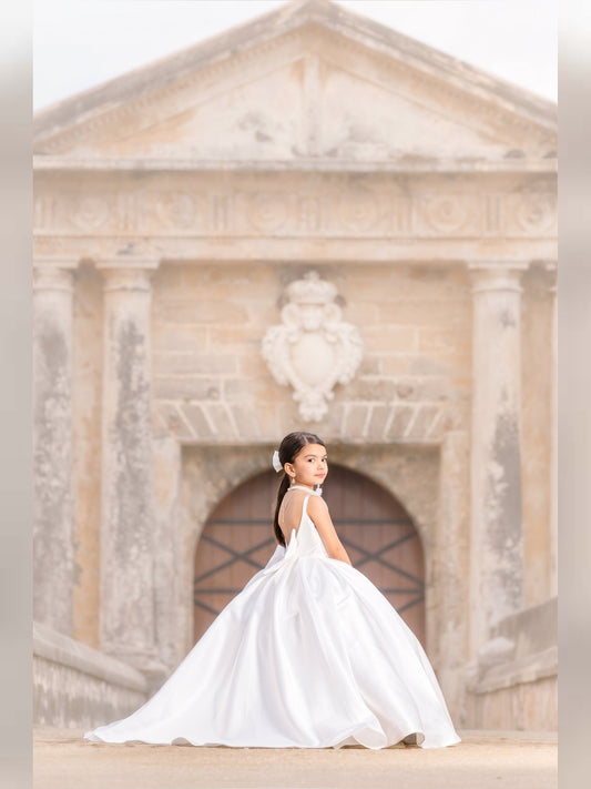 Ivory flower girl satin dress with tail