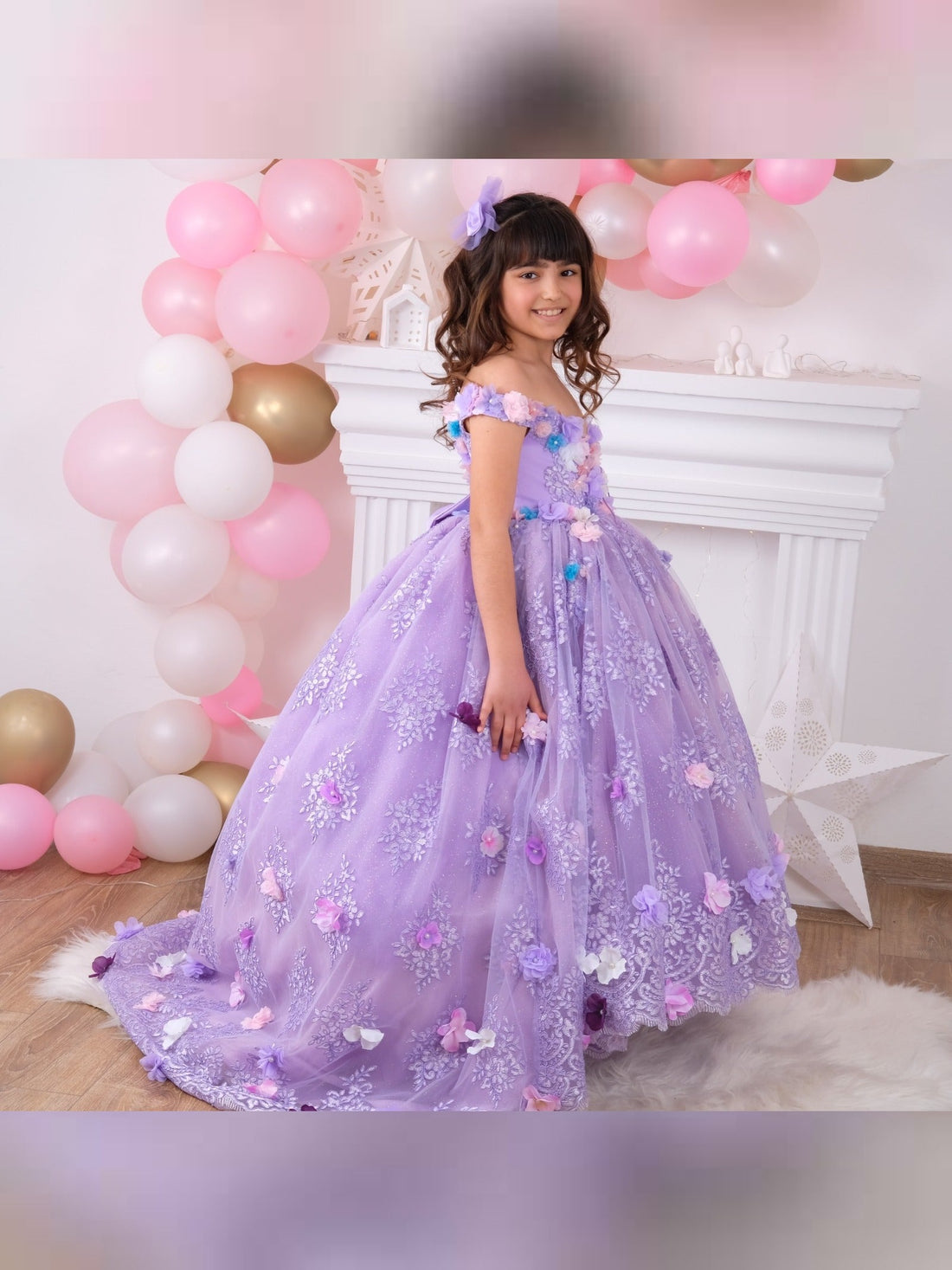 Lilac Quinceañera dress with elegant design and detailed embellishments, perfect for celebrating special occasions. Features a flowing skirt and sophisticated detailing, ideal for a memorable celebration.