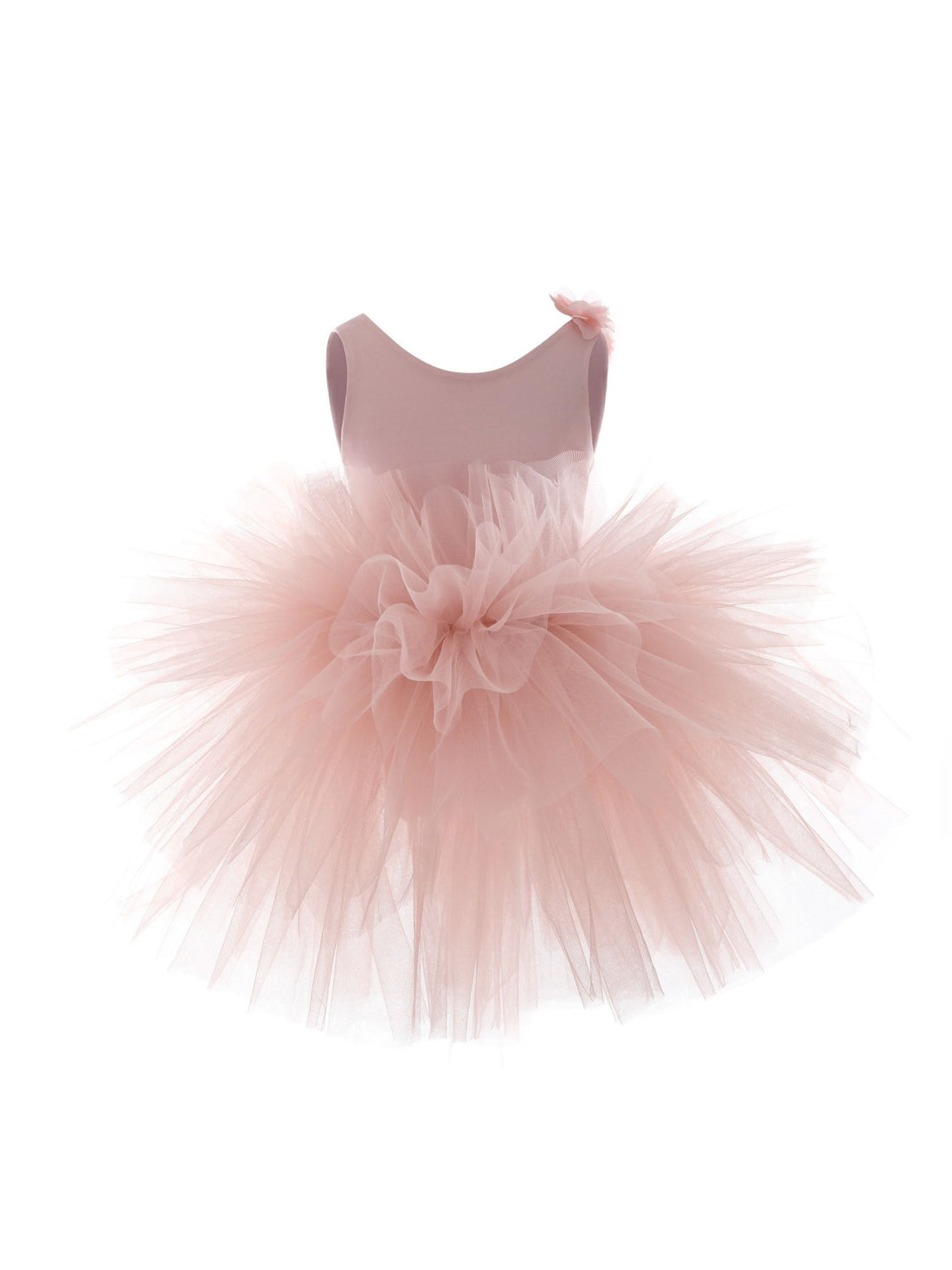 Charming blush tutu for ballerinas featuring soft tulle and pretty flower embellishments.