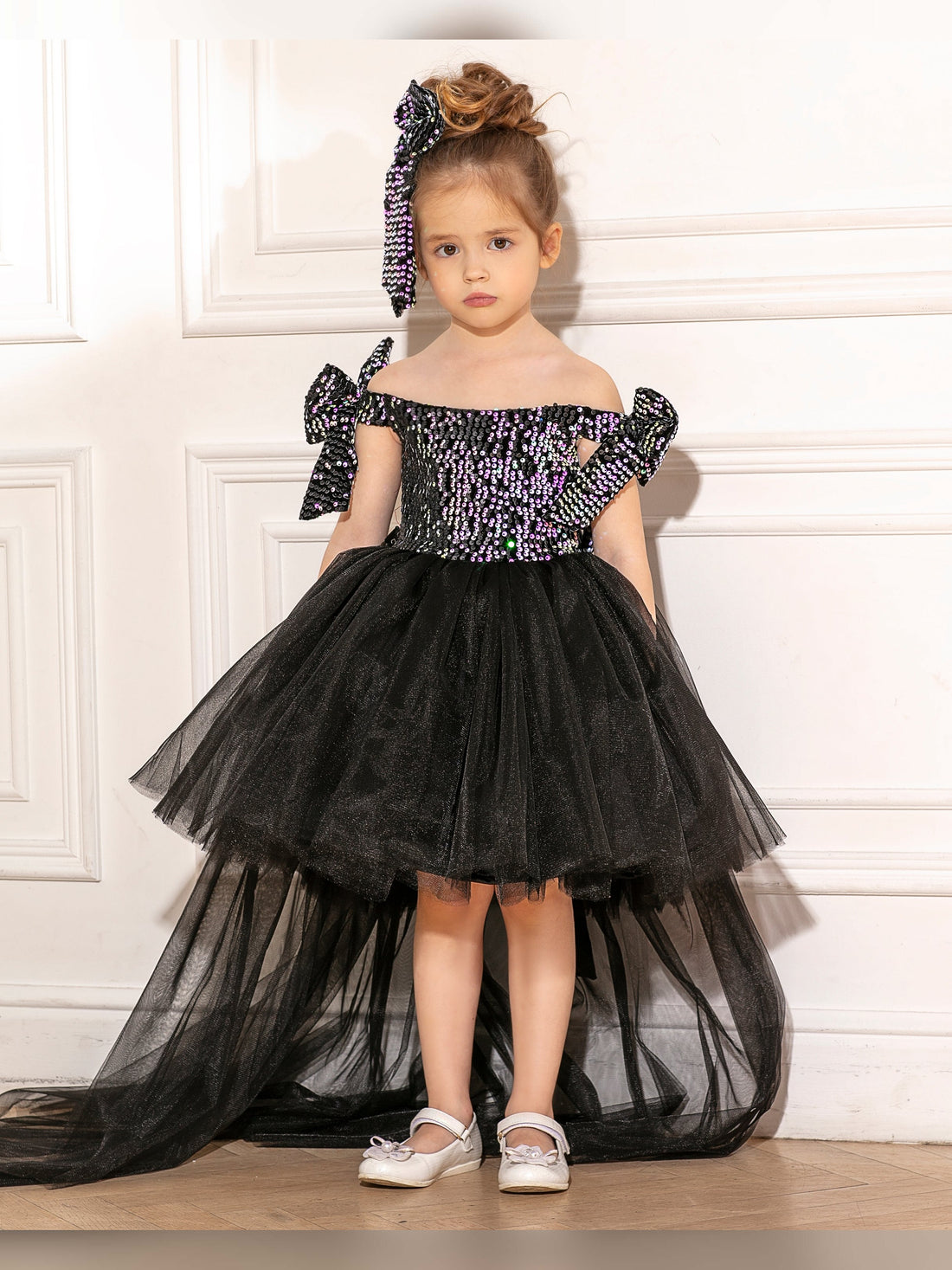 Luna black sequin girl dress high low