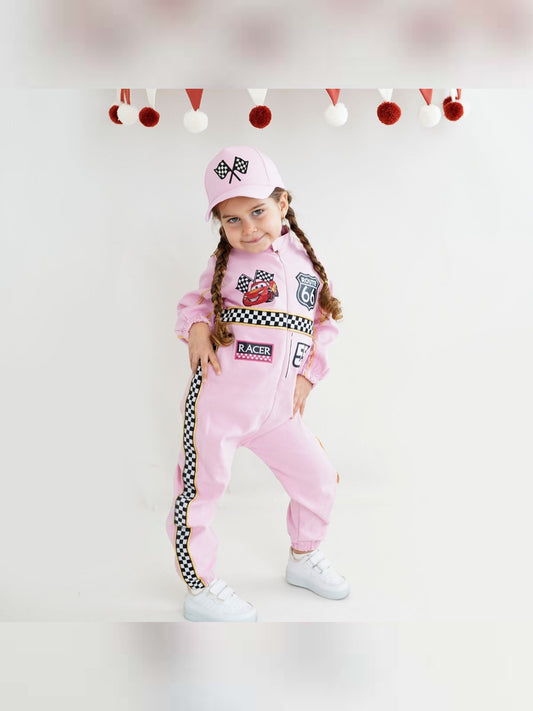 Kids Race Car Costume - Pink Long Sleeve Racing Jumpsuit
