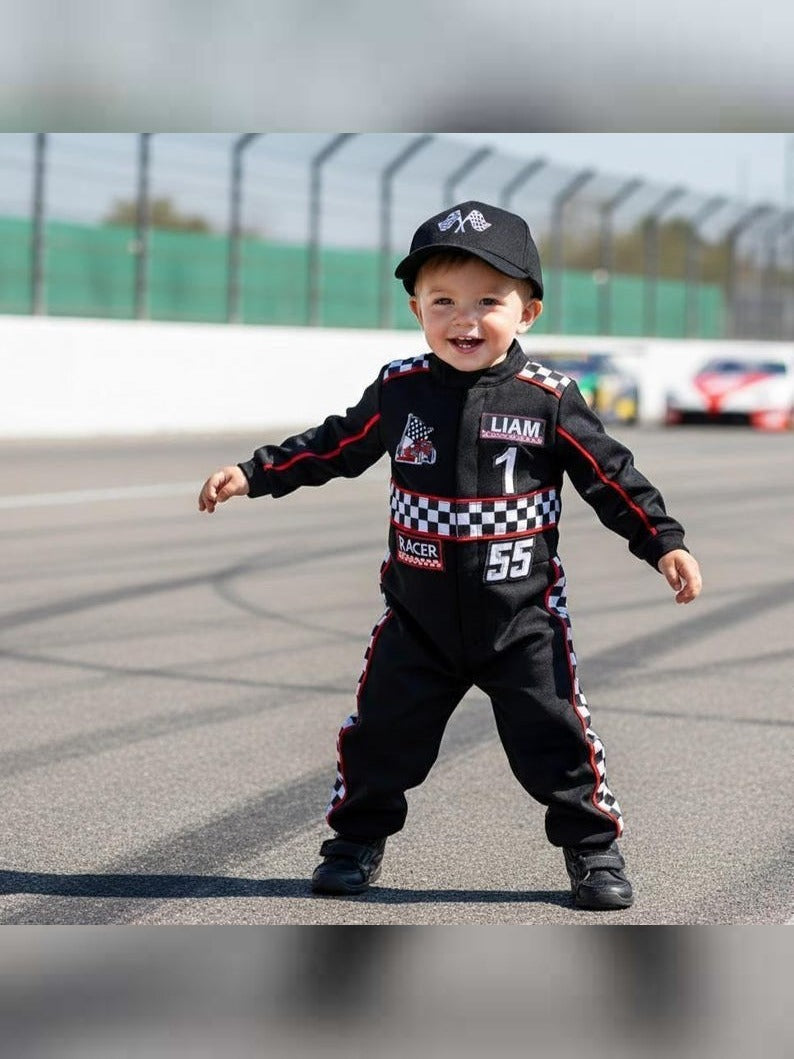 Kids Race Car Costume - Black Long Sleeve Racing Jumpsuit