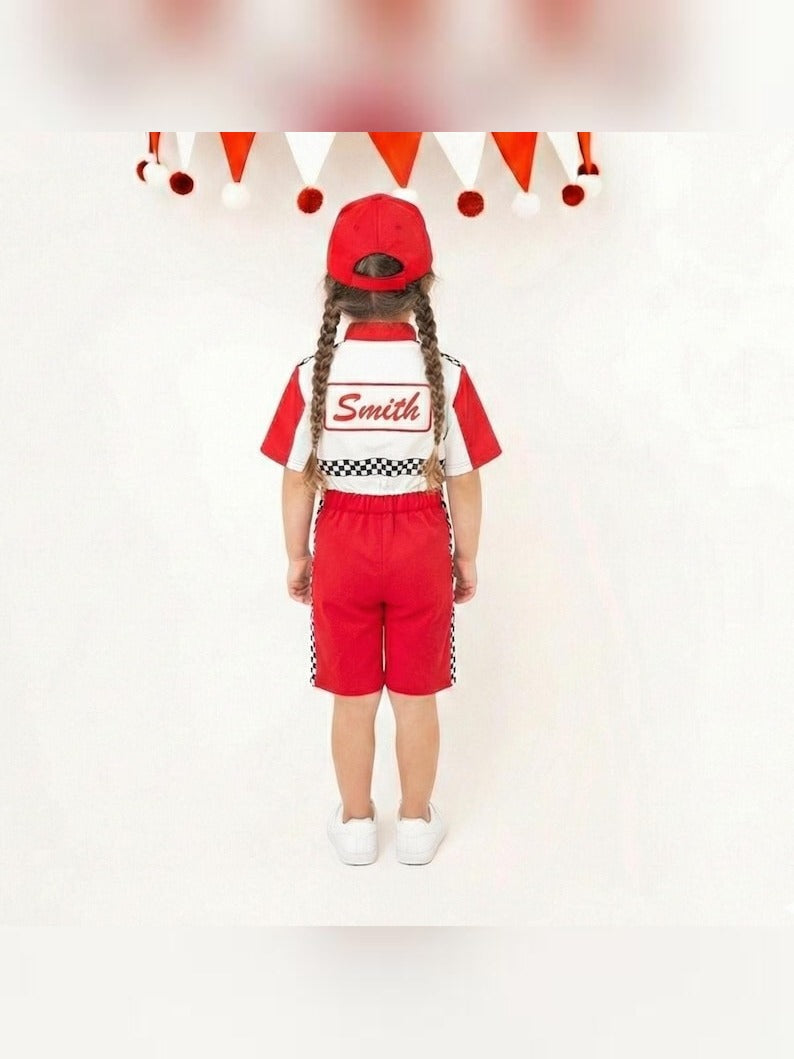 Kids Race Car Costume - Red White Short Racing Jumpsuit