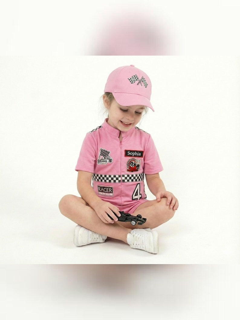 Kids Race Car Costume - Pink Short Racing Jumpsuit