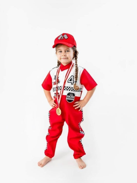 Kids Race Car Costume - Red - White Short Sleeve Racing Jumpsuit