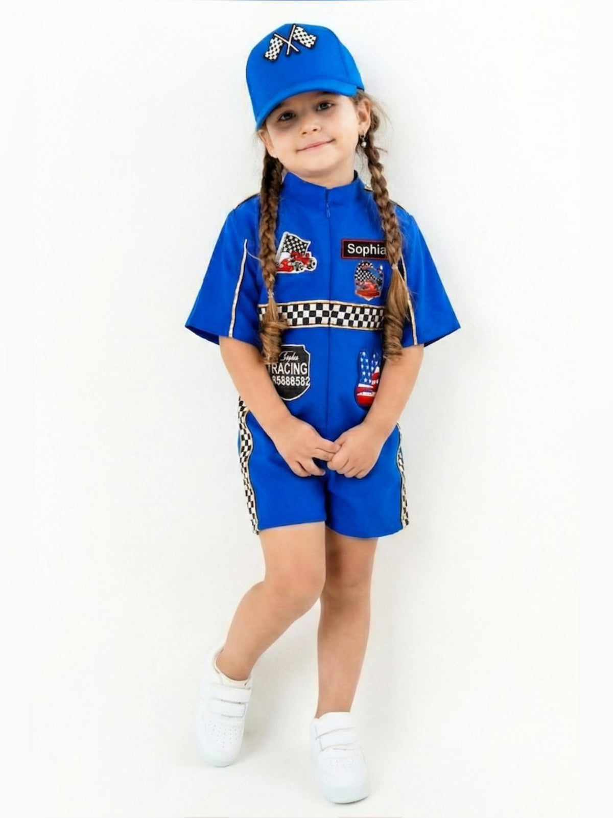Kids Race Car Costume - Dark Blue Short Racing Jumpsuit