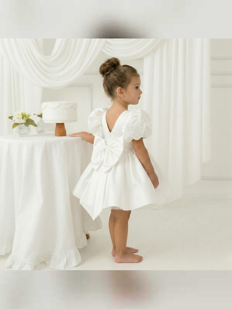 White Satin Ballonn Girl Dress - Mikado