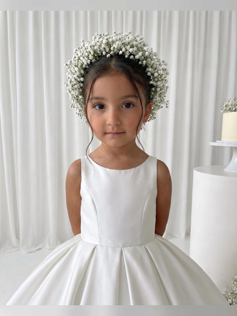 White long flower girl satin dress with tail