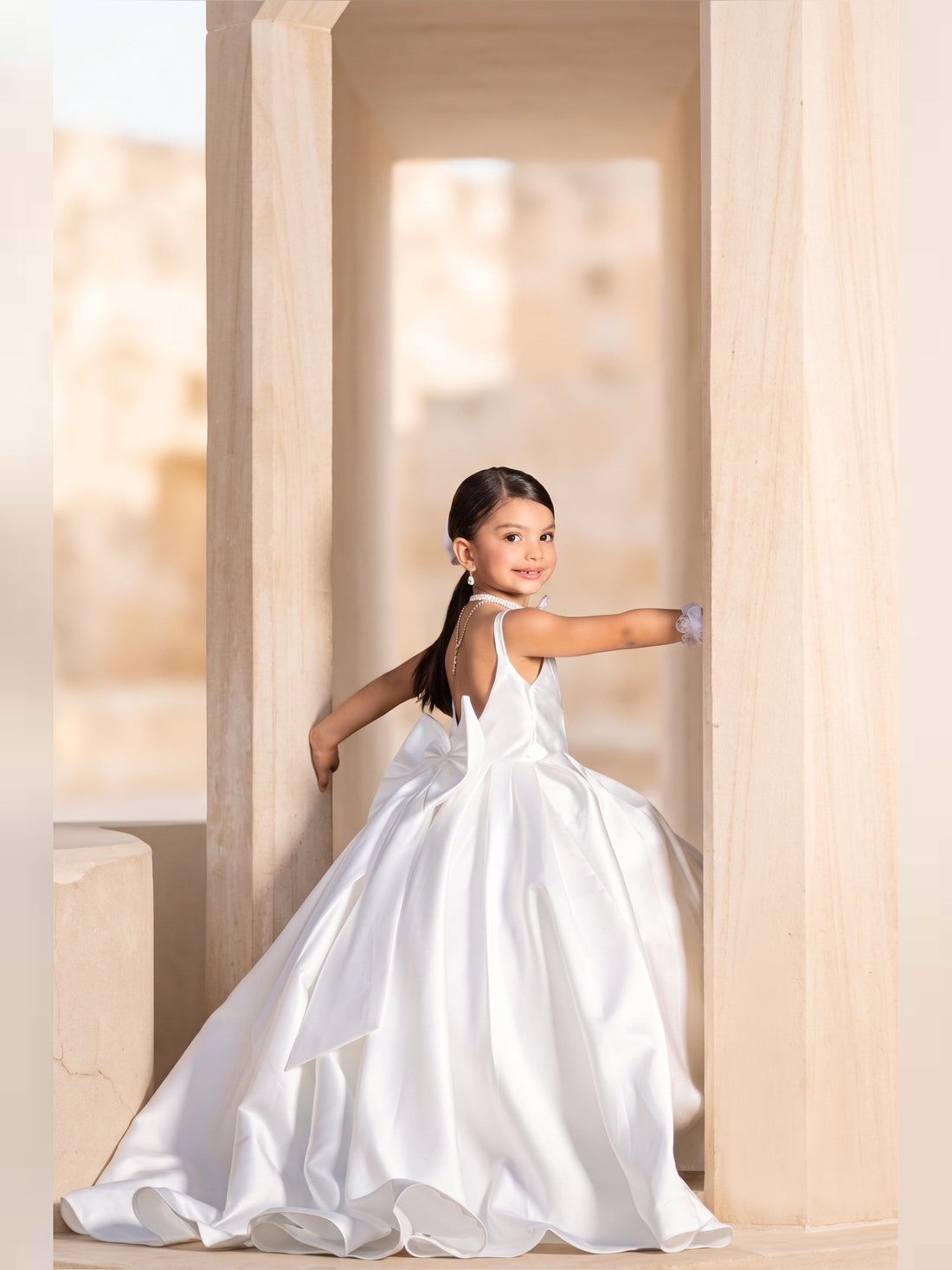 Ivory flower girl satin dress with tail