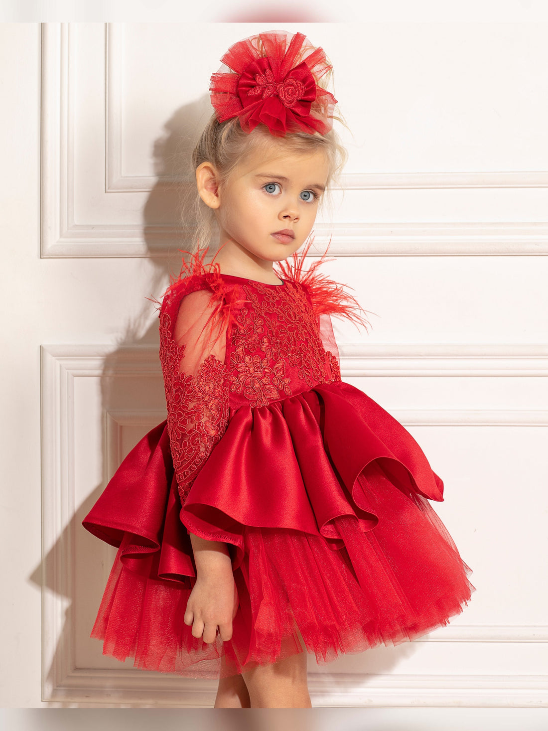 Christmas girl dress with lace and feather, holiday red mini dress