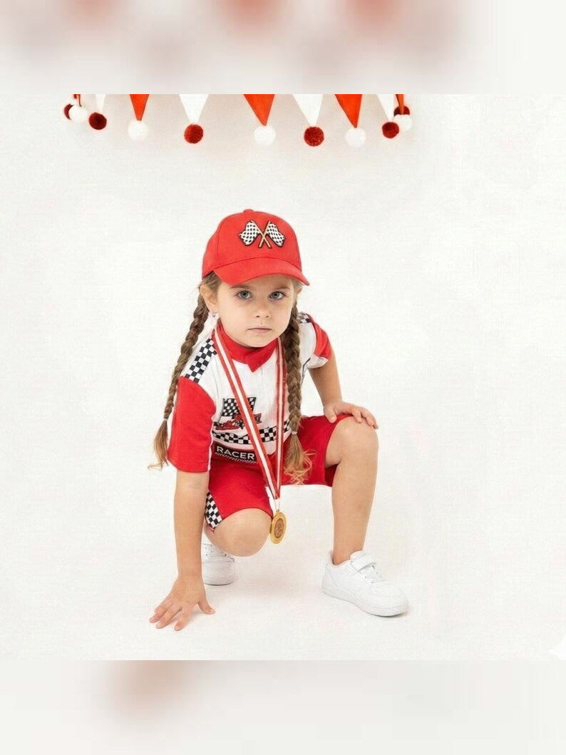 Kids Race Car Costume - Red White Short Racing Jumpsuit