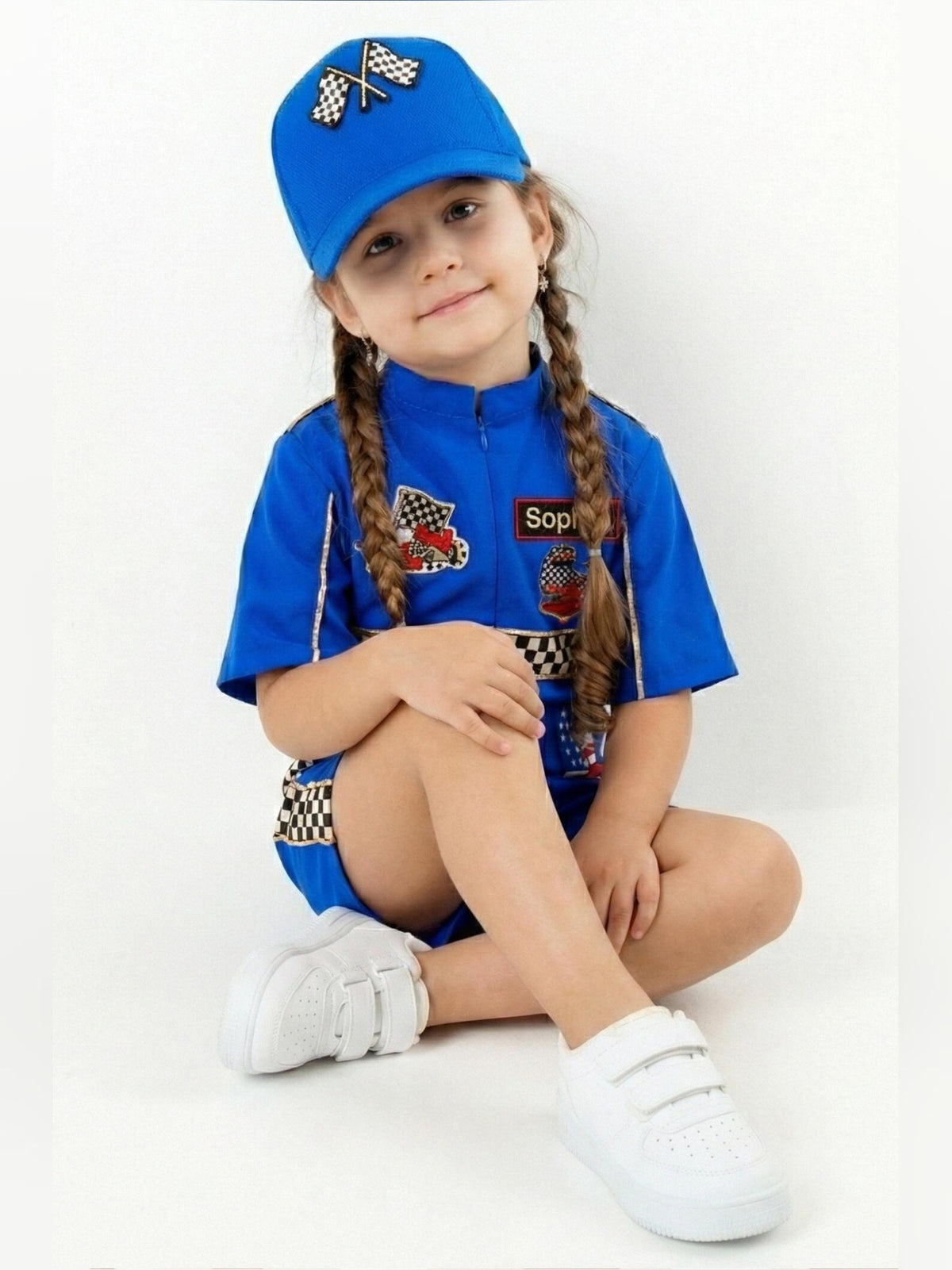 Kids Race Car Costume - Dark Blue Short Racing Jumpsuit