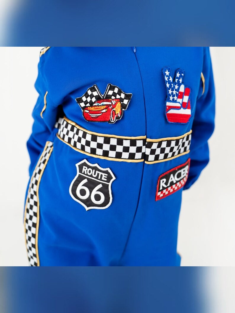 Kids Race Car Costume - Dark Blue Long Sleeve Racing Jumpsuit