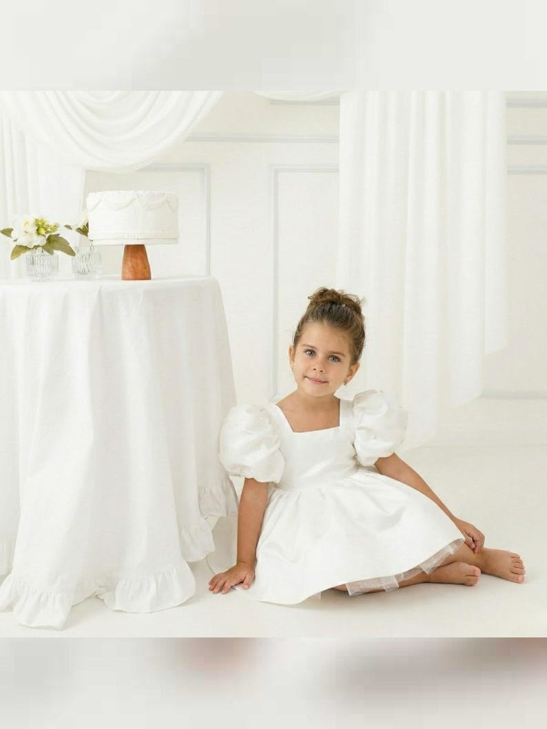 White Satin Ballonn Girl Dress - Mikado