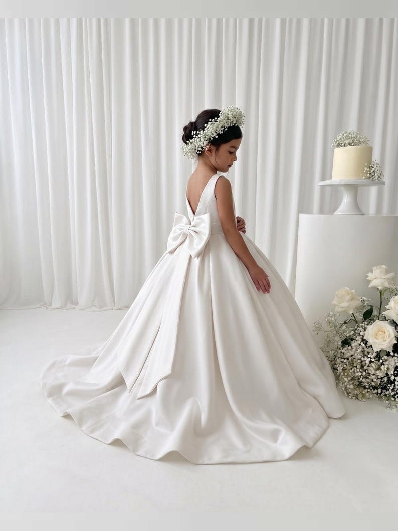 White long flower girl satin dress with tail