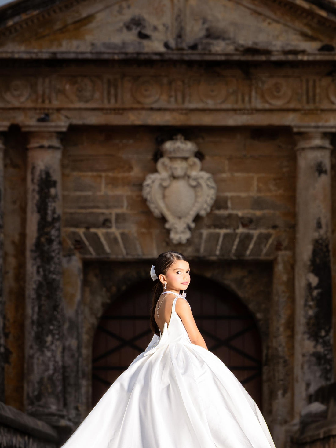 White Satin Flower Girl Dress with Bow Train — First Communion Ball Gown