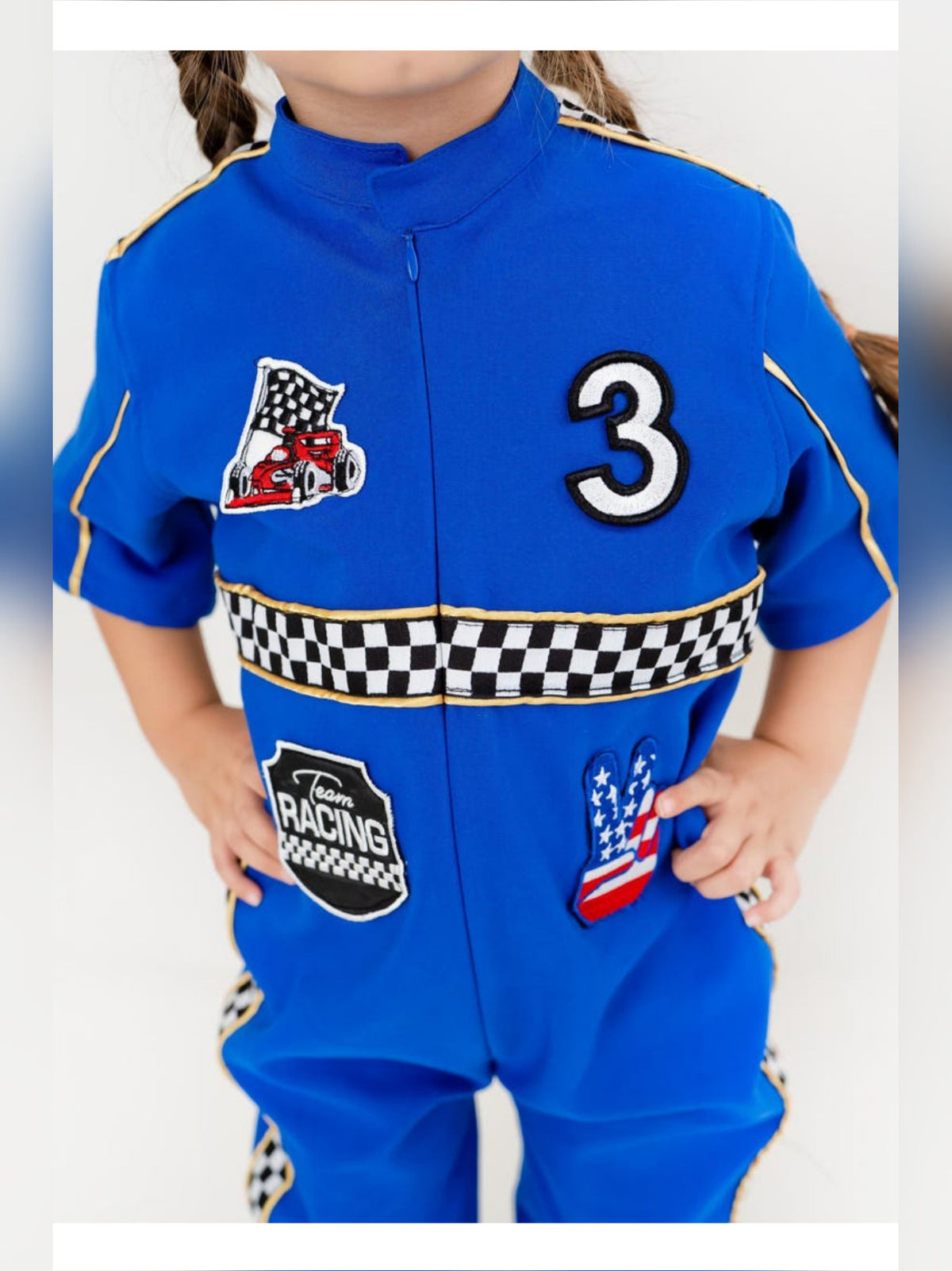 Kids Race Car Costume - Dark Blue Short Sleeve Racing Jumpsuit