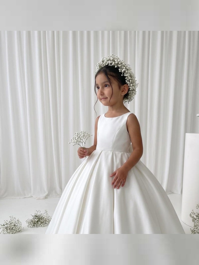 White long flower girl satin dress with tail