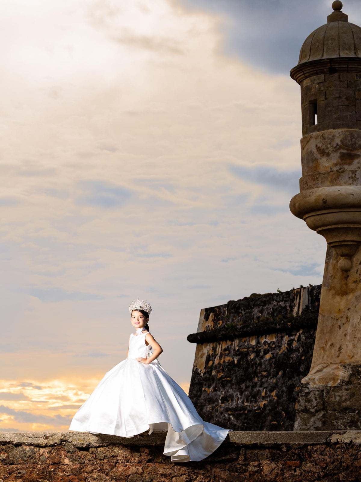 White Satin Flower Girl Dress with Bow Train — First Communion Ball Gown
