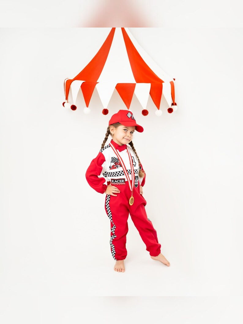 Kids Race Car Costume - Red - White Long Sleeve Racing Jumpsuit