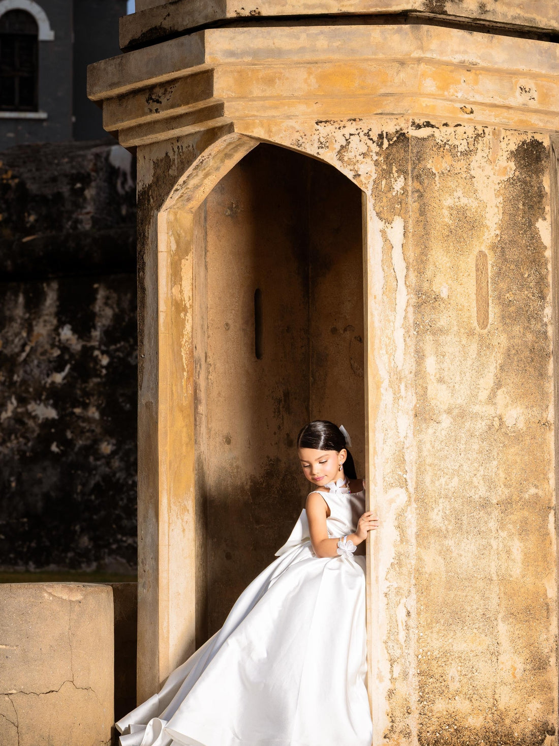 White Satin Flower Girl Dress with Bow Train — First Communion Ball Gown